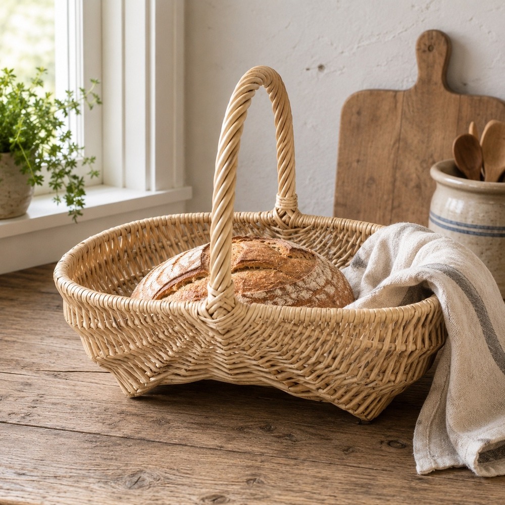 Vintage Wicker Gathering Basket English Cottage Bread Basket Kitchen Decor 1970s